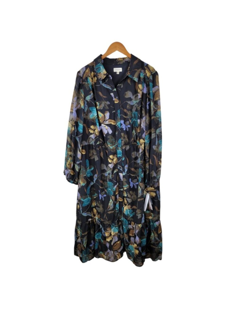 NEW 52seven Shirt Dress Plus 22W Sheer Sleeve Floral Button Up Long Midi Flowy - Picture 3 of 10